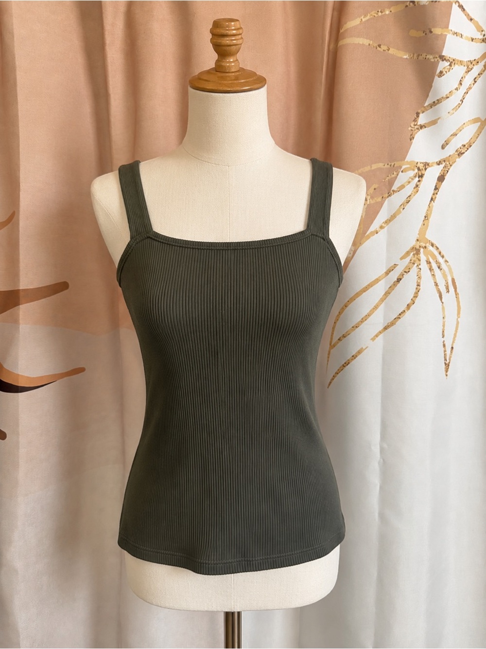 Ribbed Square Neck Tank Top - Olive Green
